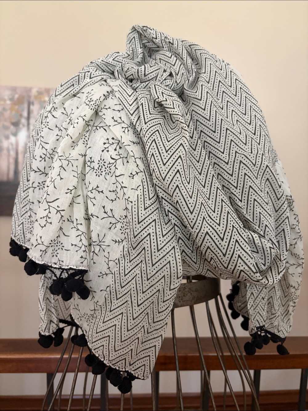 NWT Naf Naf Paris Large French Cotton Foulard Scarf Wrap Mixed Patterns Pom Poms